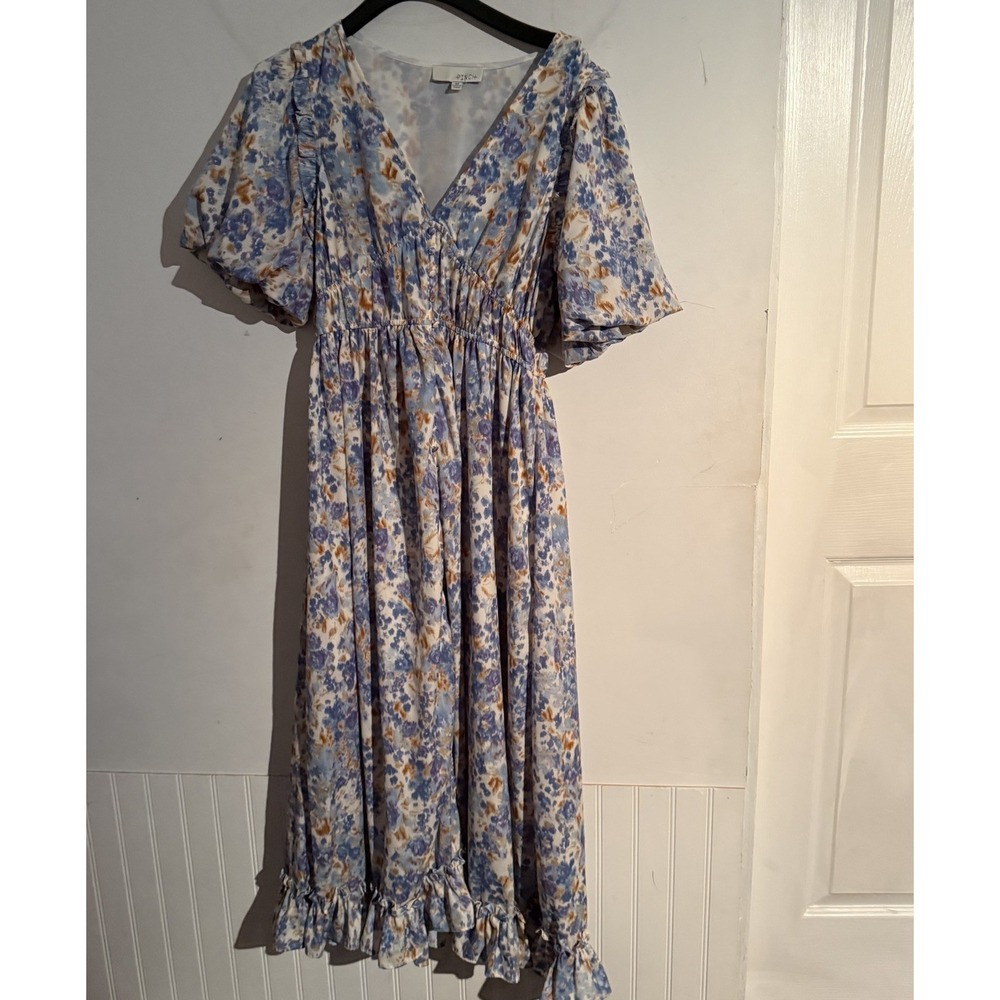 PINCH Amelia Mosaic Floral Puff Sleeve Midi Dress Blue Size M Cottagecore